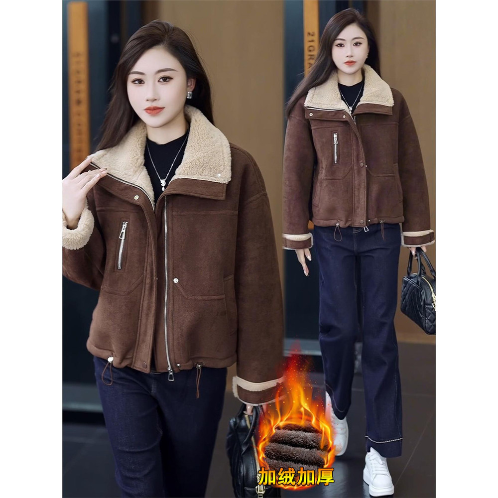 拉链皮毛一体长袖女士短款优雅风
