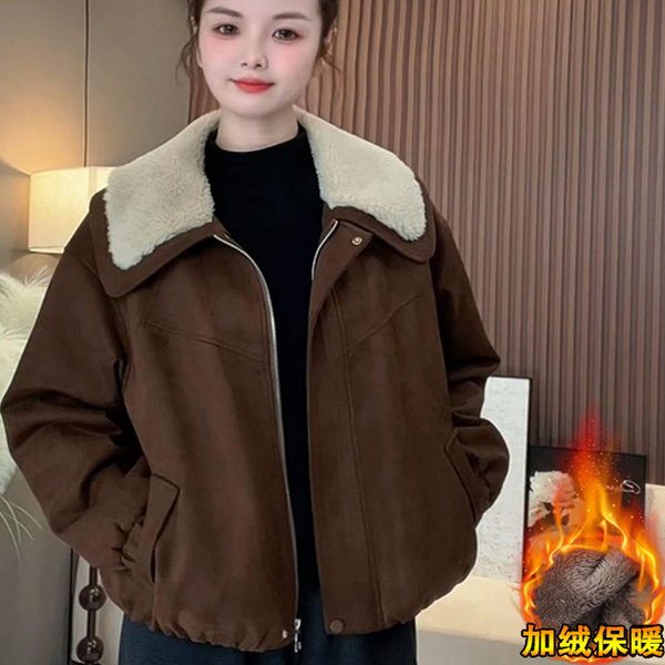 加绒加厚麂皮绒外套女