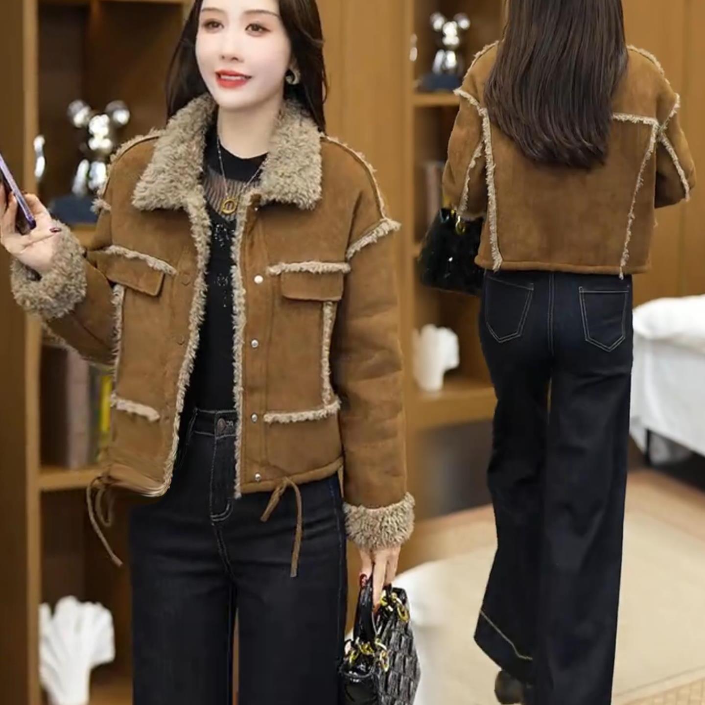 时尚加绒加厚麂皮绒短外套