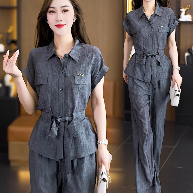 时尚气质冰丝套装女2025夏季新款洋气收腰系带短袖阔腿裤两件套潮