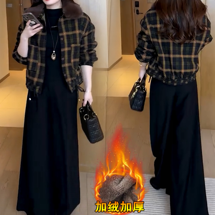 加绒加厚格子短外套女2025秋冬