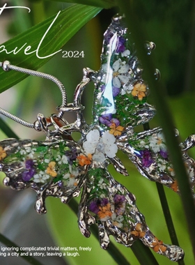 花与蝶~原创设计植物滴胶手工艺术项链森林蝴蝶个性不锈钢项链