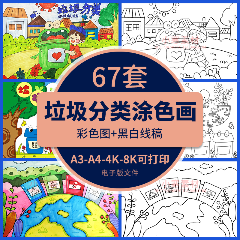 垃圾分类绘画a3a4线稿保护生态环境绿色环保儿童画可打印涂色素材