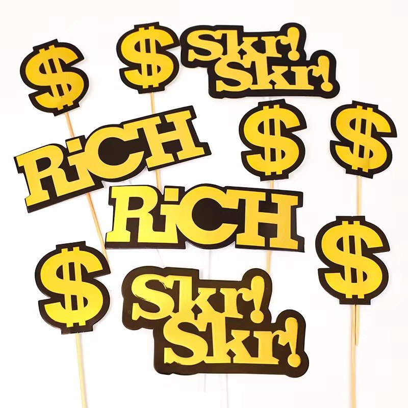蛋糕装饰插件烫金美金符号有钱人一夜暴富男神rich数钱蛋糕插牌装
