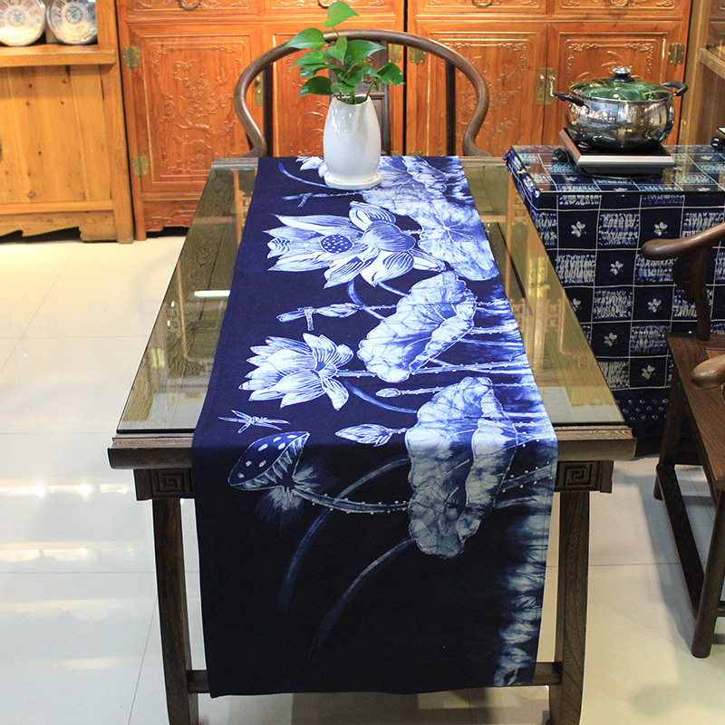 荷花桌旗长条蜡染画茶艺席中式禅意桌面装饰桌巾斗柜餐桌防尘盖布