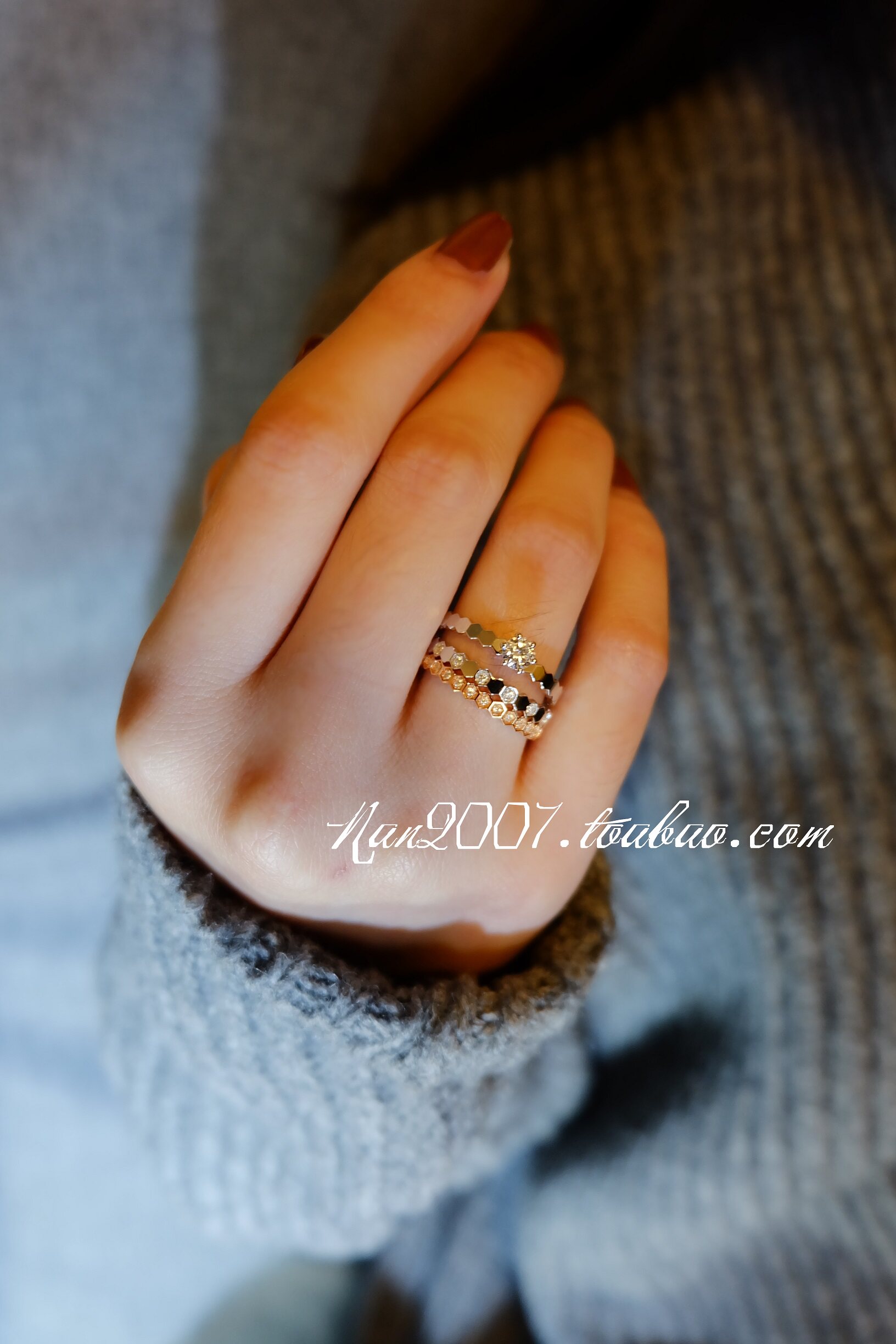 nan南南 定制925纯银精工 蜂巢蜂窝戒指满钻间钻光面 bee my love