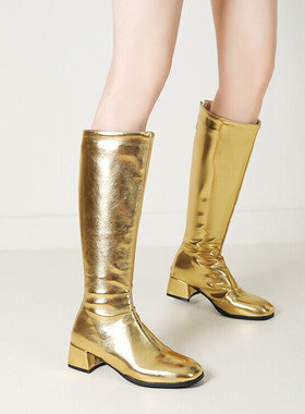 皮靴舞台表演模特走秀粗跟中跟高筒靴女金色银色靴子大码女靴PCSA