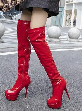 鞋子红色白色靴子漆皮钢管舞靴高跟女鞋大码靴子小码女靴 pcsa