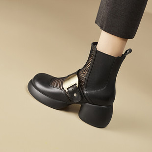 皮靴薄款 单靴圆头粗跟春秋夏靴镂空透气网靴真皮凉靴子CZ