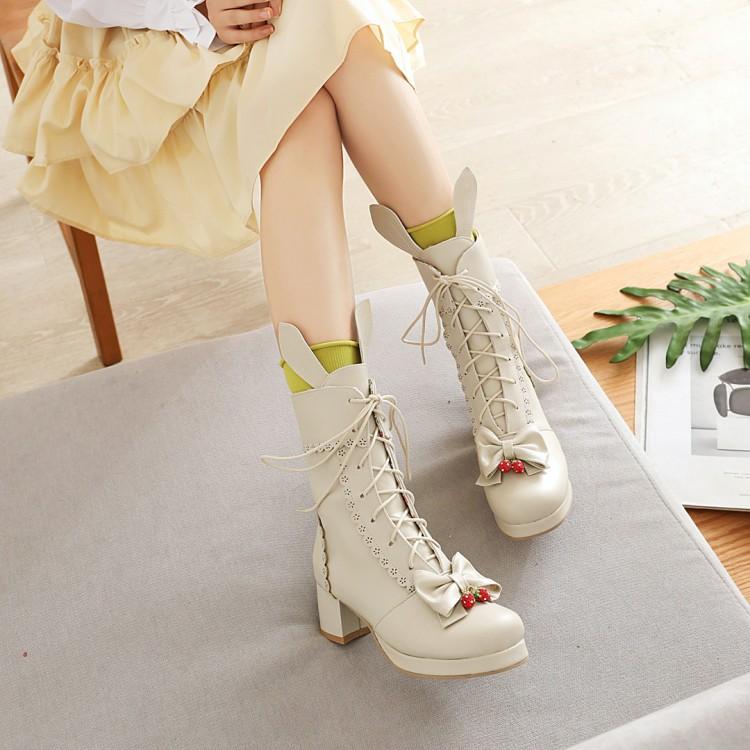 甜美风圆头中跟粉色系带小码靴