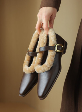 皮靴真皮女鞋圆头粗跟tpu人造长毛绒牛皮浅口单鞋LJMK