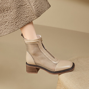 皮靴薄款 单靴圆头粗跟春秋夏靴镂空透气网靴真皮凉靴子CZ