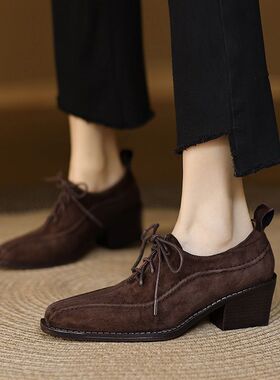 春秋皮鞋方头粗跟中跟深口单鞋女系带全皮真皮女鞋英伦风鞋子JQQ