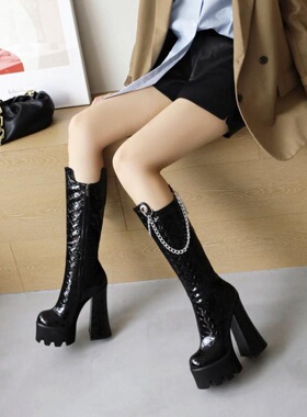 鞋女秋冬欧美防水台粗跟高跟高筒女厚底性感亮皮灰色大码女靴 ZXG