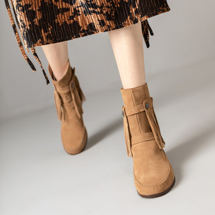 皮靴圆头内增高低跟短靴女磨砂真皮女靴卡其色绿色靴子流苏靴 XDL