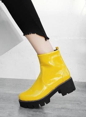 鞋子女鞋女靴紫色黄色亮皮厚底学院圆头大码马丁靴小码短靴 htm