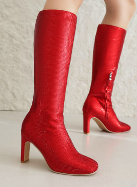 秋冬时装皮靴金色银色红色靴子婚鞋新娘高跟高筒靴女大码女靴 HR