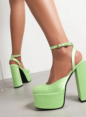 欧美外贸方头粗跟超高跟凉鞋女沙丁布浅绿色红色婚鞋大码女鞋 CH