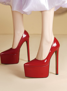 尖头细跟超高跟单鞋女防水台恨天高红色婚鞋银色舞台表演真皮NPK