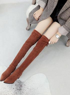 尖头鞋焦糖色灰色弹力瘦瘦靴中跟长靴过膝大码女靴小码靴女 ASCP