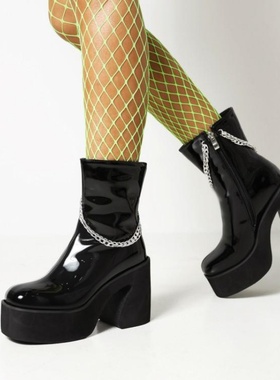 欧美漆皮亮皮粗跟高跟中筒女厚底马丁靴黄色紫色靴子大码女靴 HTM