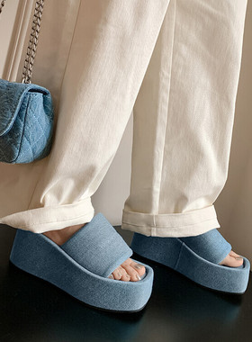 牛仔布蓝色方头松糕底2024年春夏季一字拖厚底增高鞋高跟拖鞋女FA