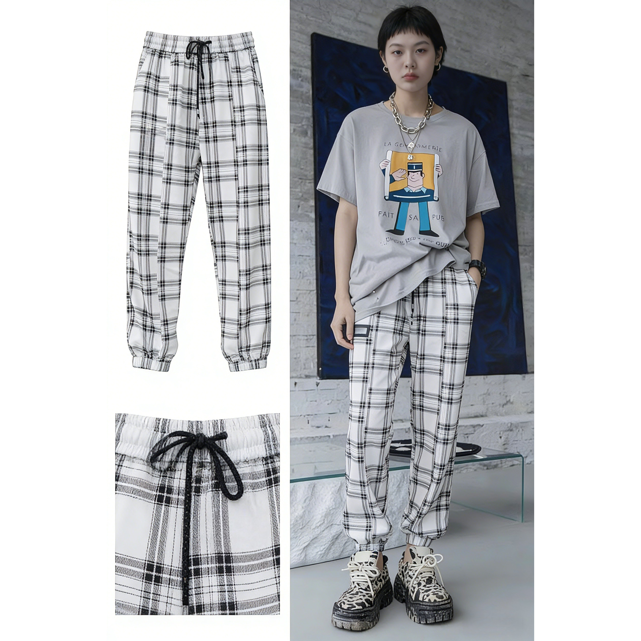 复古格子束脚卫裤女7家2026春季新款百搭显瘦户外薄款哈伦休闲裤