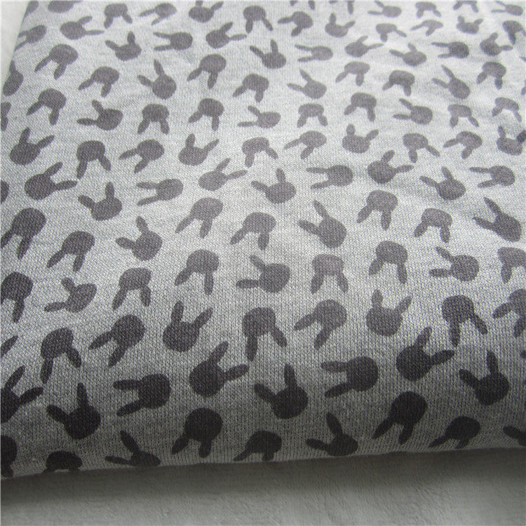 麻灰色底兔子头图案印花毛圈针织布料秋冬外套裤子面料女装童装用