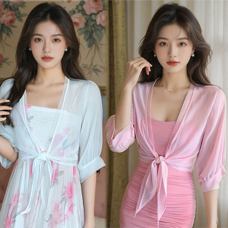 雪纺小披肩短款女中袖开衫绑带春夏季薄款坎肩配吊带裙外搭空调衫