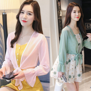 短外搭夏空调衫 女薄款 配吊带裙小披肩外套防晒衣 雪纺开衫 系带长袖