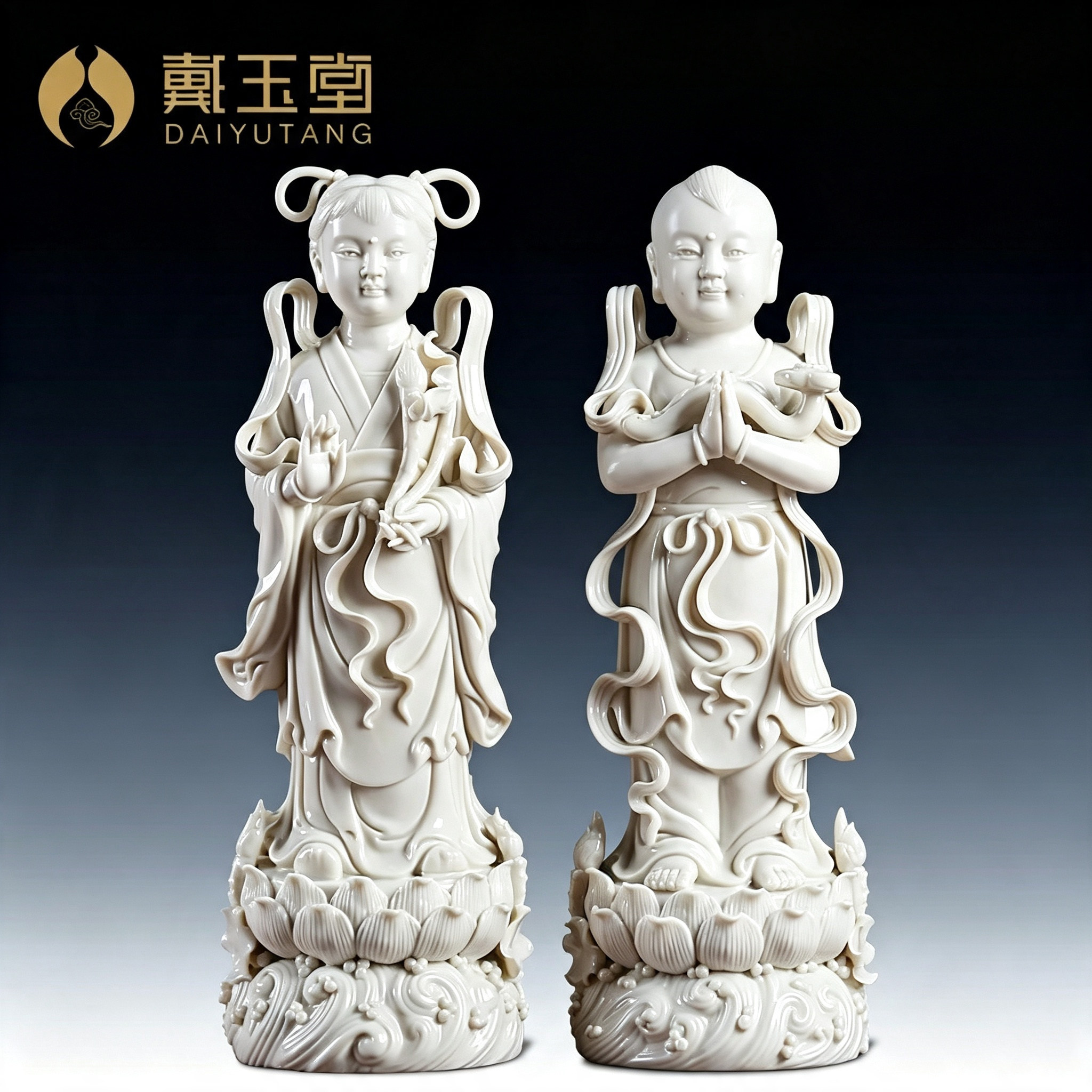 戴玉堂善财童子龙女金童玉女陶瓷观音菩萨像佛像家用客厅供奉摆件