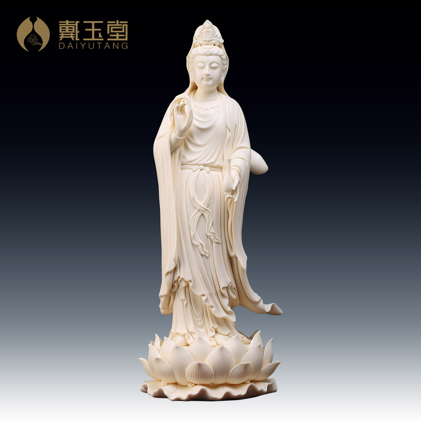 戴玉堂陶瓷《立莲净瓶观音 雅黄瓷》家用佛像供奉观世音菩萨摆件