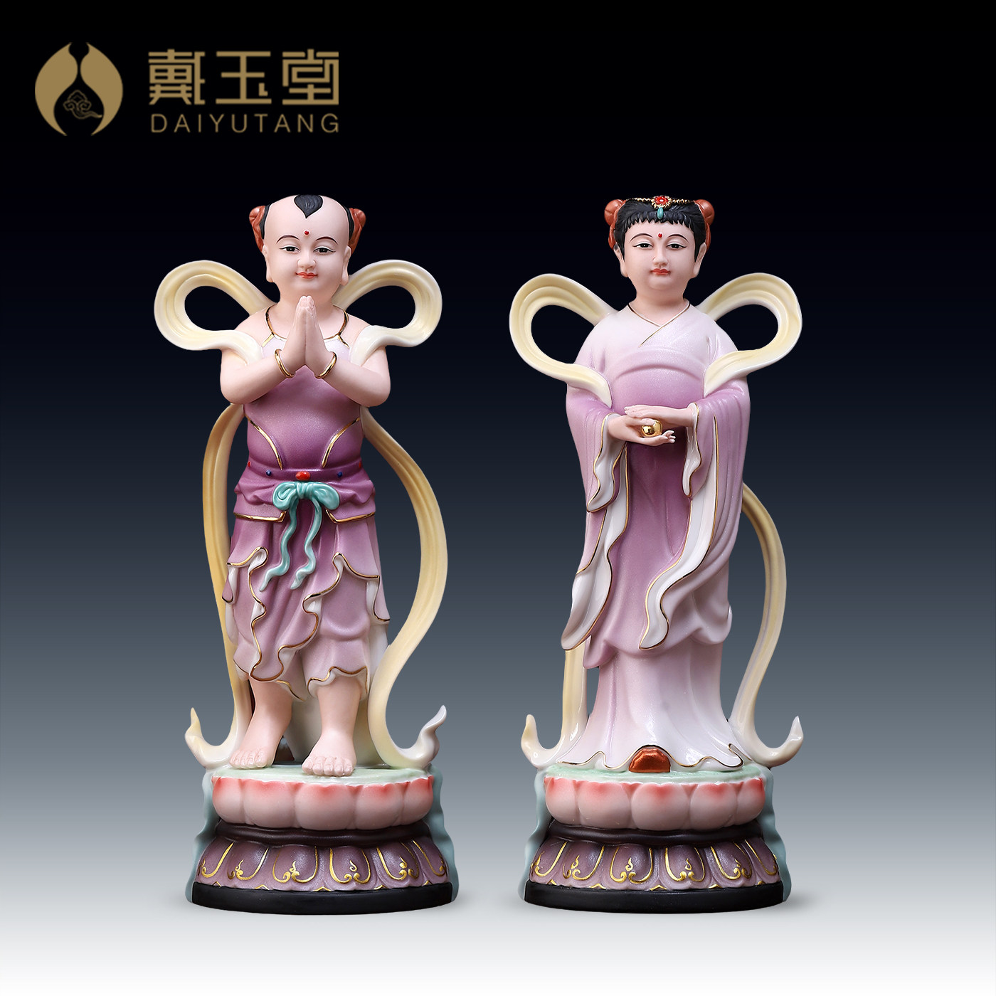 戴玉堂陶瓷《善财童子龙女紫衣彩》童子对童一对观音佛堂装饰摆件