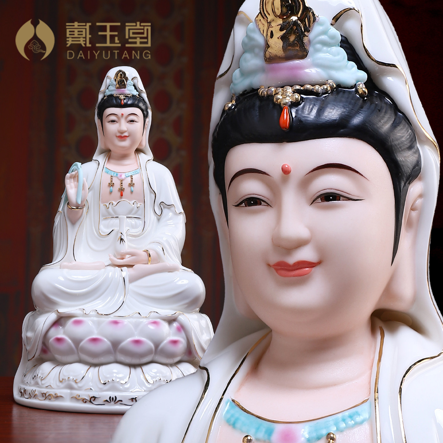 戴玉堂陶瓷《坐古莲观音描金彩》家用供奉佛像观世音菩萨坐像摆件