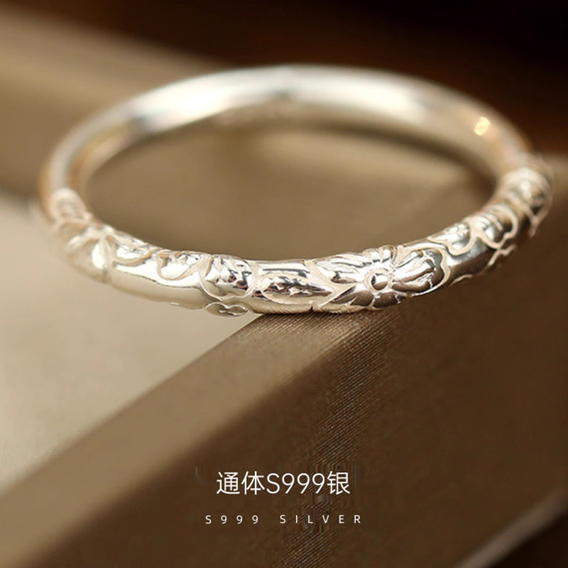 足银999樱花戒指纯银浮雕男女士
