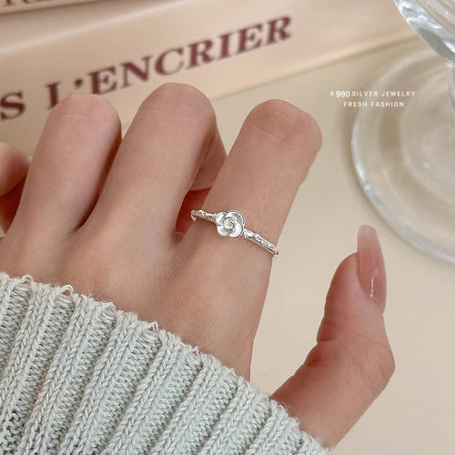 99纯银玫瑰花戒指足银食指戒开口