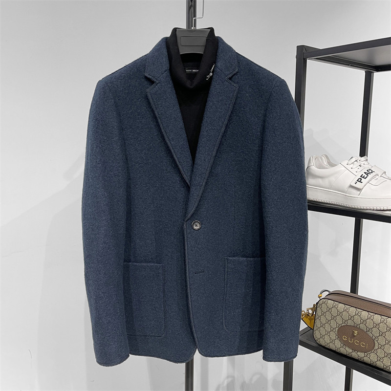 潮牌高端秋冬季男士纯色休闲西服外套单排双扣修身羊绒羊毛呢西装