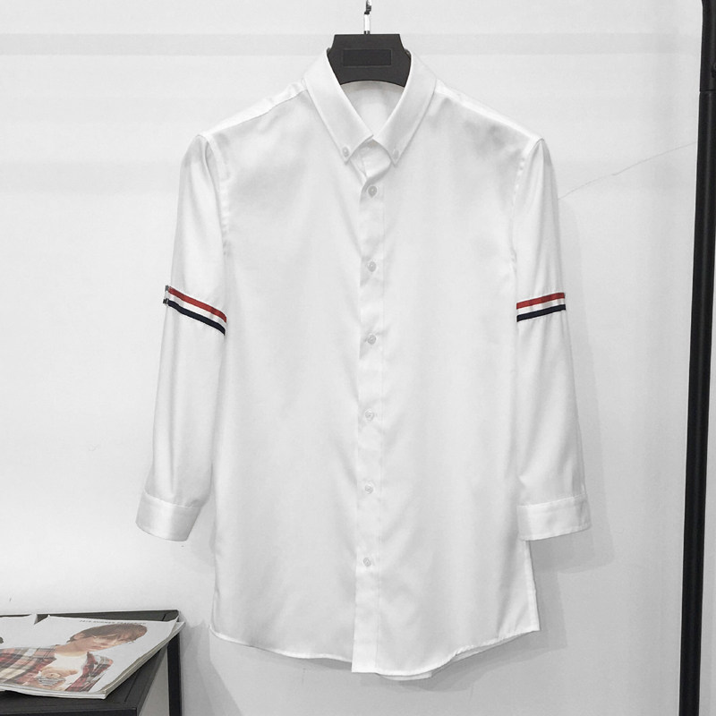 tb白色纯棉中袖织带衬衣夏季新品