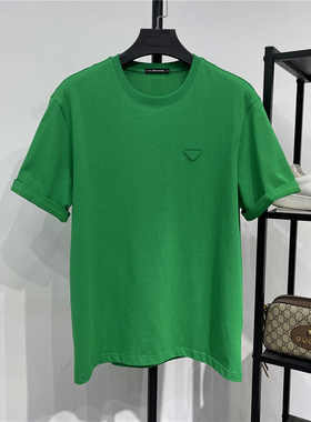 夏季新品男装精梳棉BV绿色圆领短袖T恤衫男宽松版三角标纯色体恤