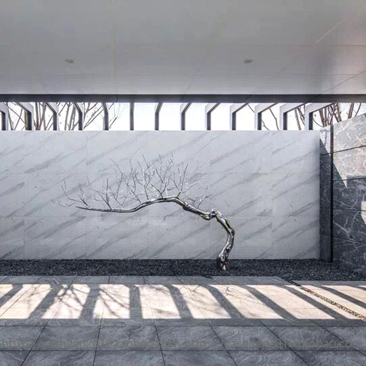 酒店宾馆会所售楼部展厅不锈钢松树迎客松枯山水艺术雕塑摆件定制