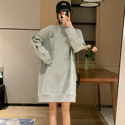 中长款遮屁股灰色卫衣裙女款春秋款高个子加长版大码孕妇上衣秋冬