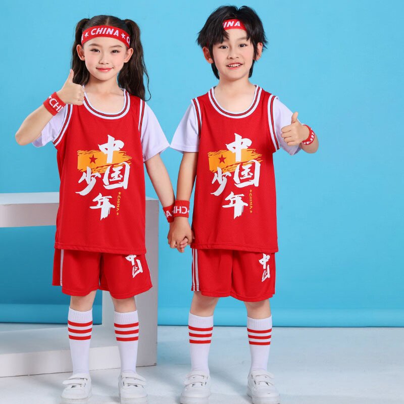 宽松短袖短裤数码印男女童运动服套装简约美式夏款儿童篮球服童装