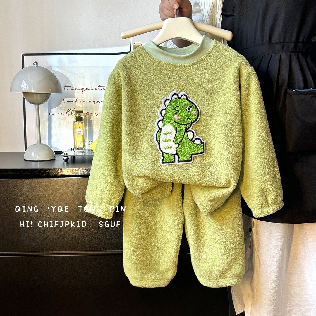 秋冬新款加绒加厚儿童睡衣男女童韩版保暖睡衣套装童装一件代发