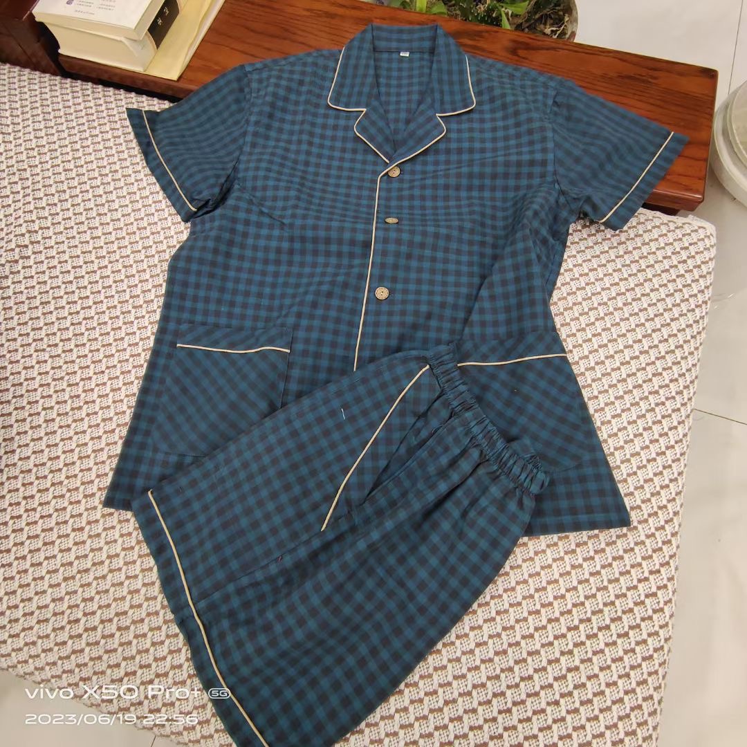 夏季款老粗布纯棉睡衣套装短袖短裤男女士半袖家居服套装格子情侣