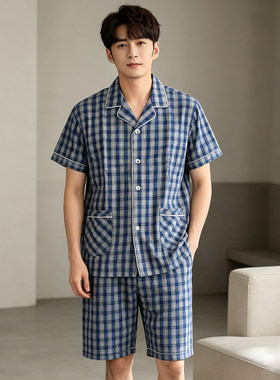 老粗布纯棉睡衣套装短袖短裤男女士半袖家居服套装格子情侣夏季款