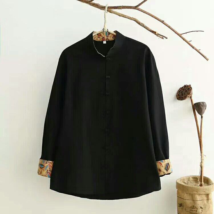 NEW CHINESE TANG SHIRT MENS LONG SLEEVE COLOR-BLOCKED TOP HANDMADE CLOTH BUTTONS CHINESE STYLE MENS SOLID COLOR CASUAL