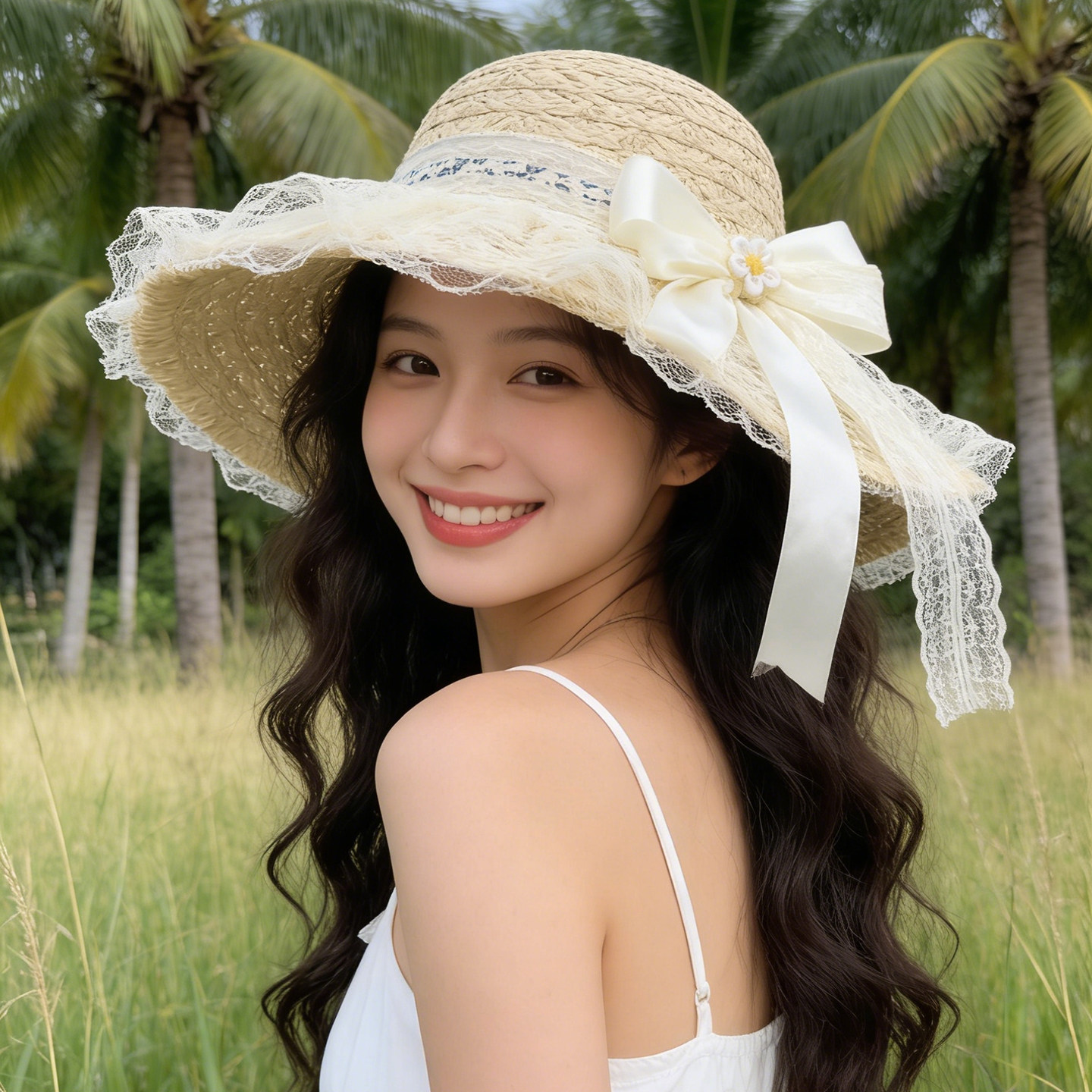 韩版蕾丝蝴蝶结大沿防晒沙滩草帽