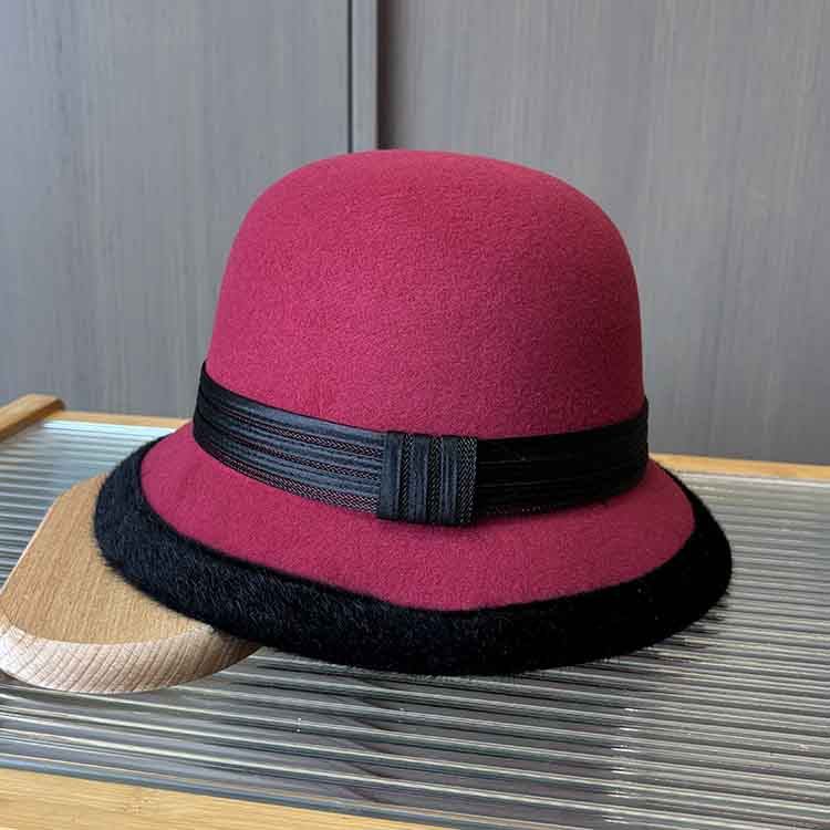 新款休闲羊毛呢渔夫帽子秋冬法式复古圆顶礼帽女士保暖时尚毛毡帽