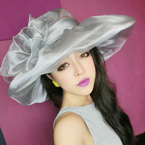 花朵网纱双层可折叠大沿太阳帽