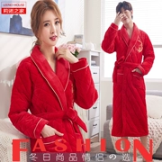 Cặp đôi áo ngủ nữ mùa đông dày san hô lông cừu bông flannel áo choàng tắm nam đám cưới lễ hội lớn đồ ngủ màu đỏ - Night Robe